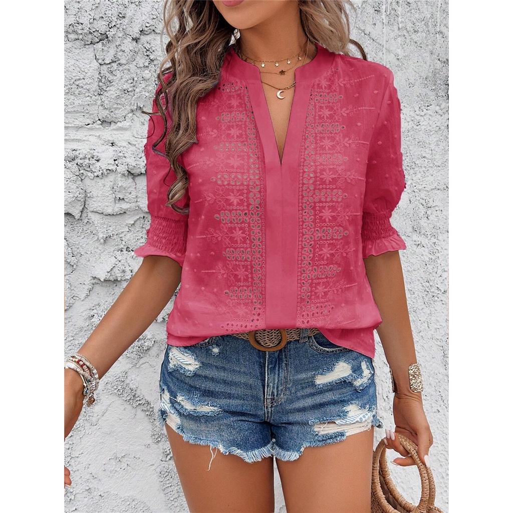 Women's Summer T-shirt Solid Color V-neck Puff Sleeve Hollow T-shirt