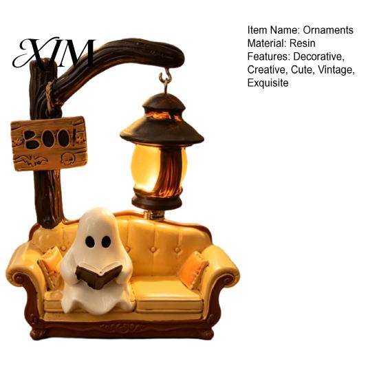 Decorative Resin Night Light Halloween Ghost Reading Book Lamp, Cute Figurine with Book, Small Mantelpiece Statue 3D Tabletop Statue, Spooky Decor for
