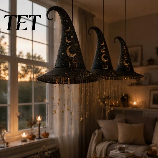 Easy Install Halloween Lights Light Up Witch Hat Hanging Lamp, Glowing Ornament with Twinkling Sparkling Star Window Pendant Stars Moon, Indoor