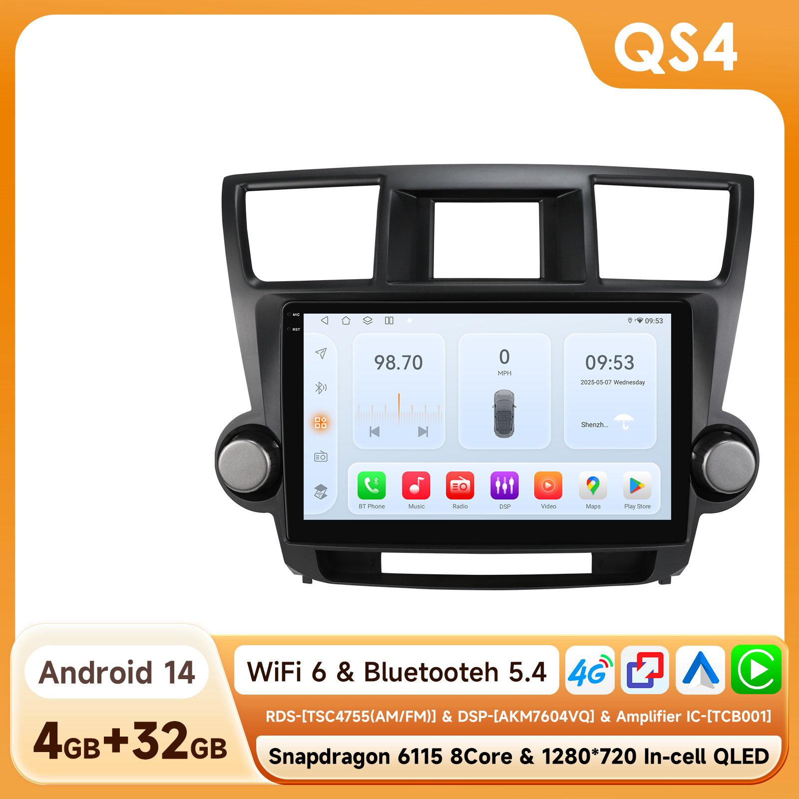 

OSSURET 2din 4G LTE Восьмиядерный Android 14 Snapdragon Автомагнитола для Toyota Highlander 2007-2013 Carplay Автомобильный мультимедийный плеер DAB TPMS GPS QS4 8Core 4G 32G