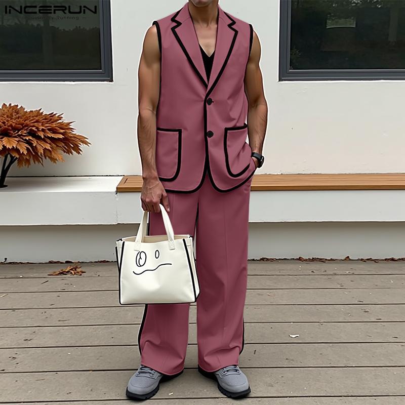 INCERUN Men Stitching Sleeveless Buttons Waistcoat And Long Straight Pants Sets