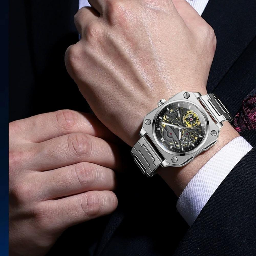 High-End Herrenuhr Skelett Mechanische Uhr Luxus Quadratisch Edelstahlarmband Automatisch Selbstaufziehend Wasserdicht Lumin