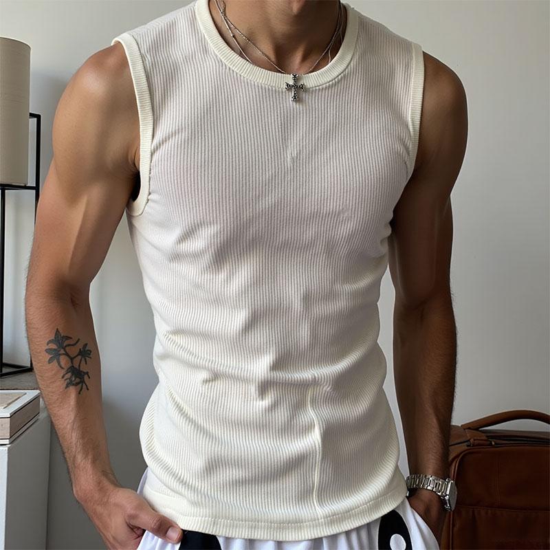 INCERUN Summer Men Round Neck Sleeveless Semi-Sheer Rib Casual Tank Tops