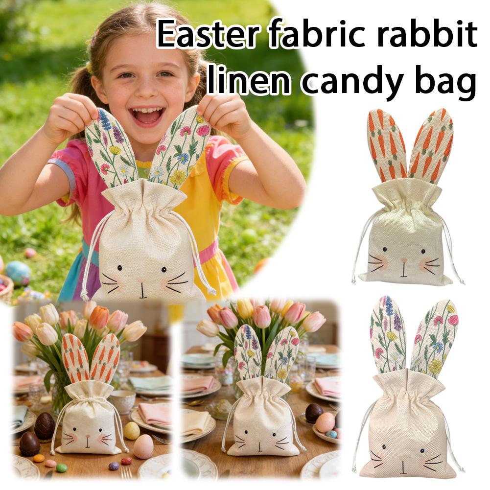1Pcs Easter Fabric Rabbit Linen Candy Bag Rabbit Ears Design Adorable Rabbit Decor Linen Drawstring Bags Drawstring Closure Gift