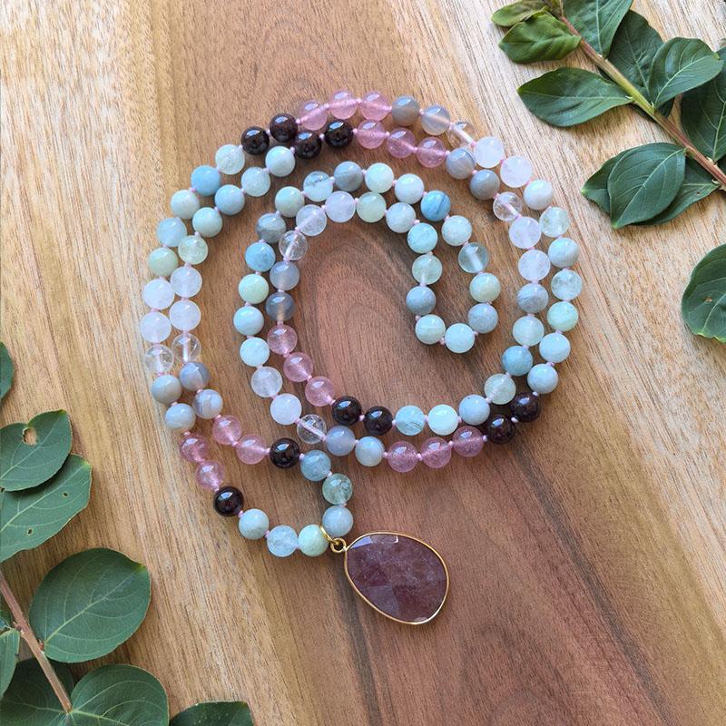 Dreamy Aquamarine,Garnet,Strawberry Quartz Mala,108 Hand Knotted Mala Beads,Meditation Necklace,Healing Crystals,Yoga Jewelry