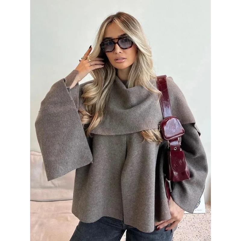 Ladies Autumn Winter Jacket Women Casual Commuter Coat Knitted Loose Oversize Coat Asymmetric Elegant Split Chic Scarf Jacket