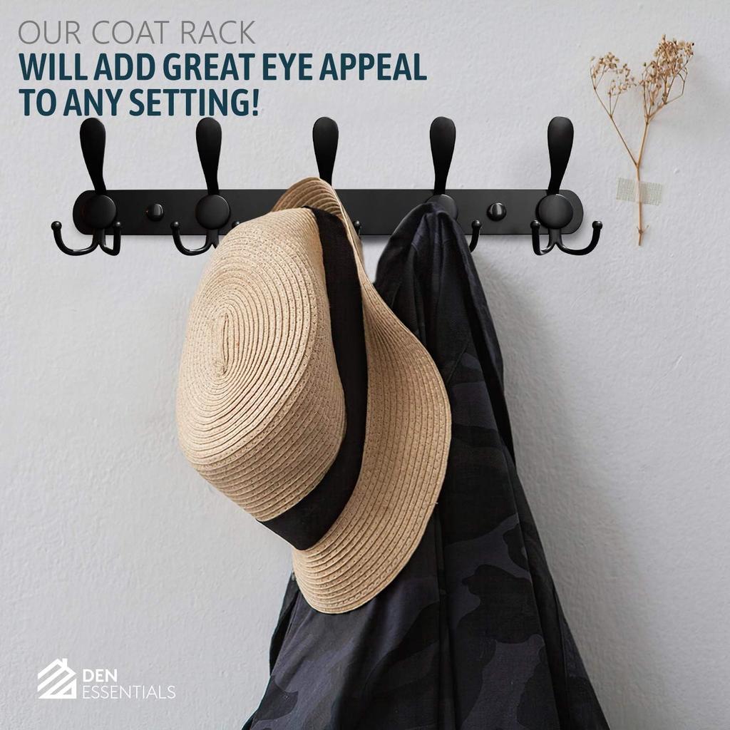 Metal Wall Mounted Coat Rack | 5 Tri-Hooks Hold Up To 50 LBS | On Door Towel Rack Can Be Installed In Minutes - All Setup Tools Included | For