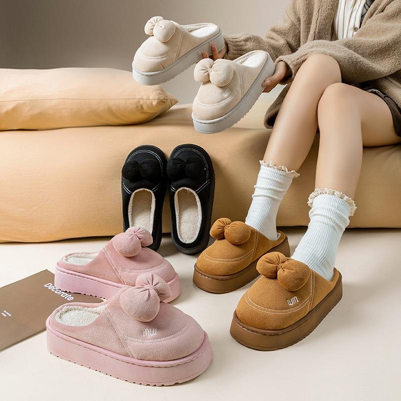 Bow cartoon cotton slippers autumn and winter indoor home thick bottom velvet warm and comfortable couple confinement shoes women