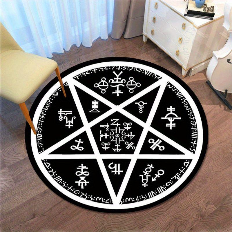 Schwarz-Weißes Pentagramm Runen Runder Teppich, Rutschfeste Wohnzimmer Matte, Dekorativer Teppich für Tarot-Raum und Schlafzimmer