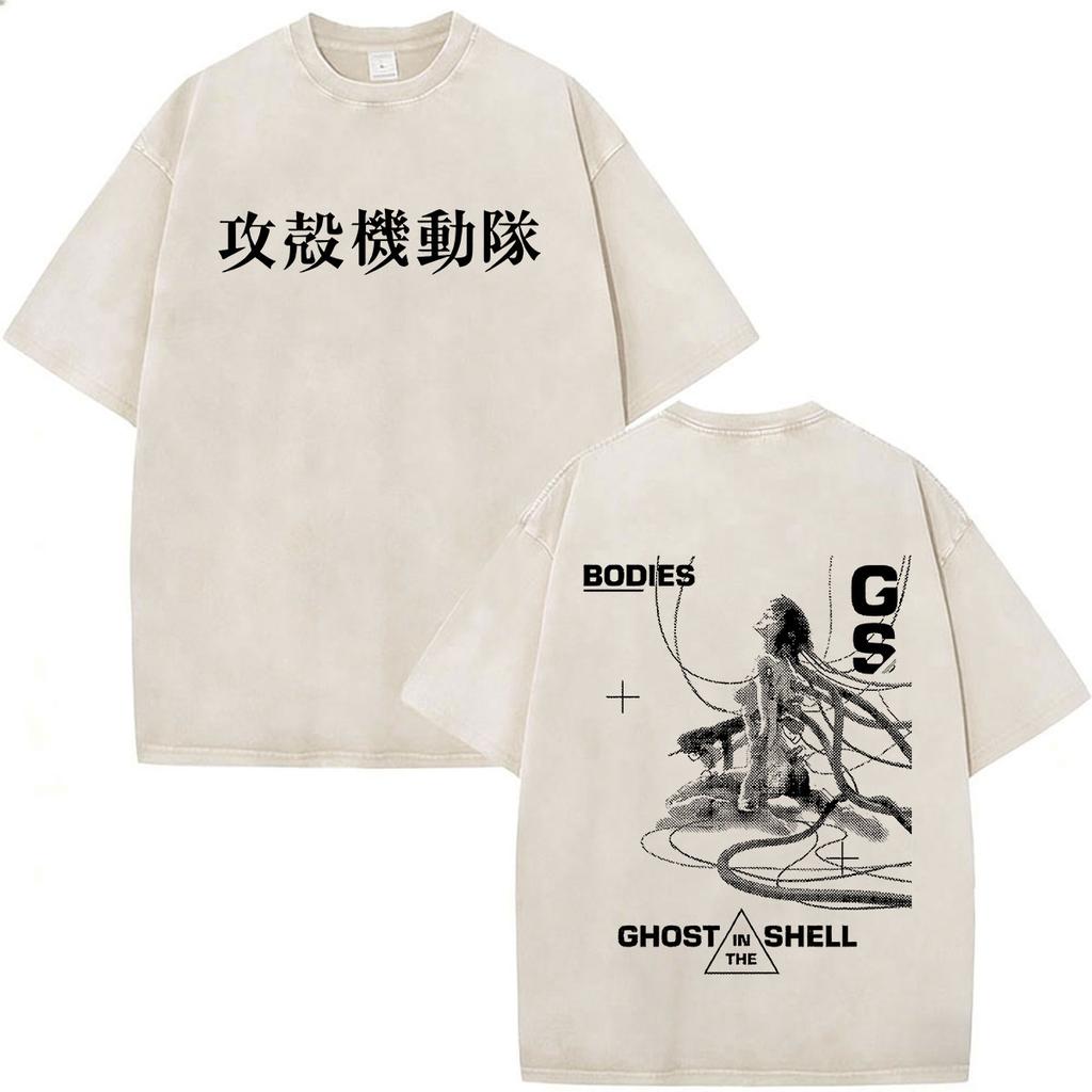 Camisetas Gráficas Vintage Lavadas de Anime Ghost in The Shell Motoko Kusanagi para Hombre y Mujer Moda Camisetas de Manga Corta Oversize