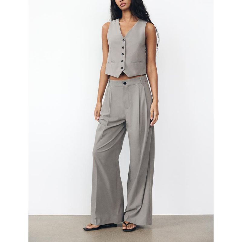 Spring New Women's Strap Decoration Sleeveless Vest Waistcoat 2010775 Double Pleated High Waist Loose Pants 1255506