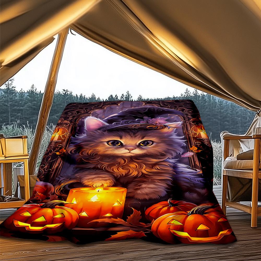1pc Witch Hat Kitty Art Throw Blanket Polyester Fiber, Lightweight Flannel, Soft & Warm, All Season Use for Outdoor, Camping Digital Print