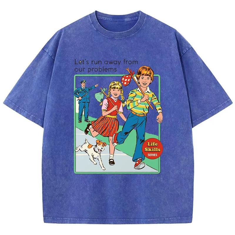 Let' Run Away From Our Problems Print Women Distress Tshirts Summer Fashion Washed T-Shirt Breathable Tee Shirts Soft Clothes