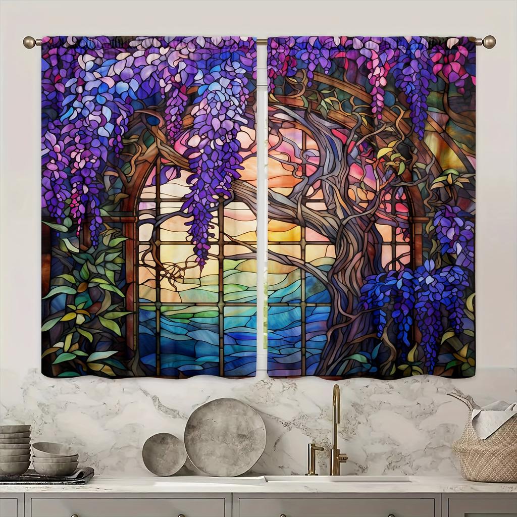 2pcs Stained Glass Flower Wisteria Printed Curtain For Home Decor Window Treatment For Bedroom, Office, Kitchen, Living Room