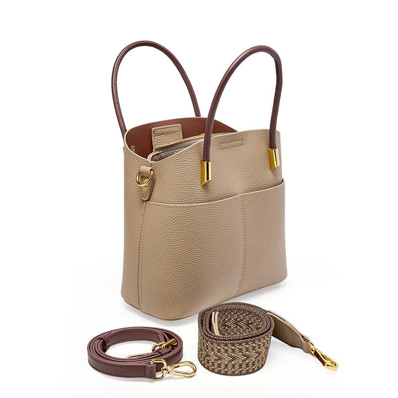 Spring and summer niche leather bucket bag women's versatile handbag high-end casual messenger bag cowhide bag