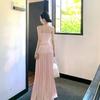 Sexy Seaside Vacation Suit Women's Summer Pink Beaded Neck Sling High Waist Skirt Two-piece Set