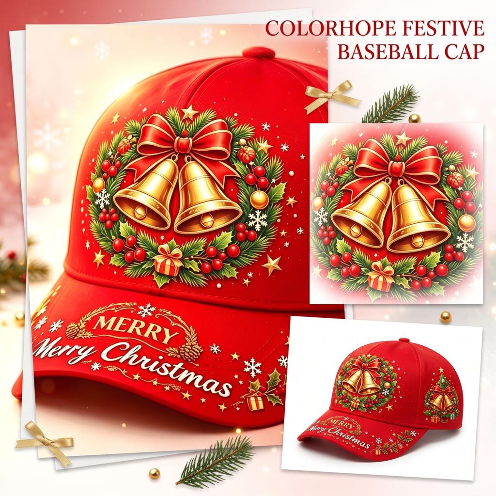 Christmas Red Digital Print Curved Baseball for Festive Holiday Wear
