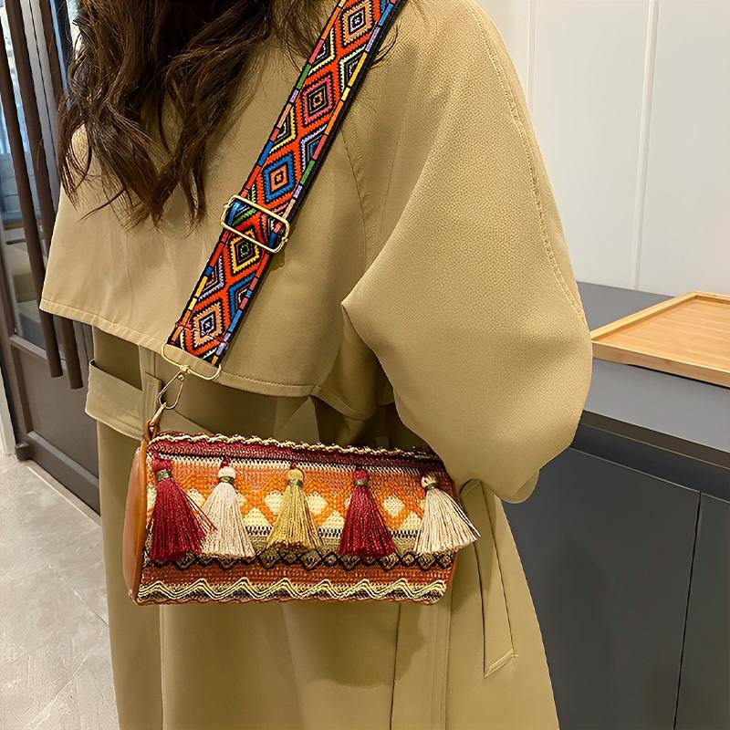 Fashionable Ethnic Style Embroidered Thread Cylinder Cross Shoulder Bag