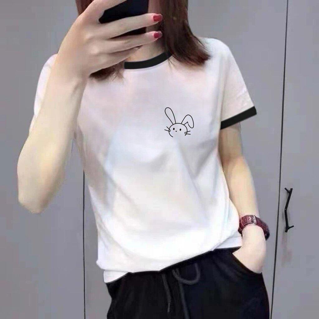 New 2026 Cartoon Rabbit Color Block Collar Short Sleeve Women's Slimming Age-Reducing Top