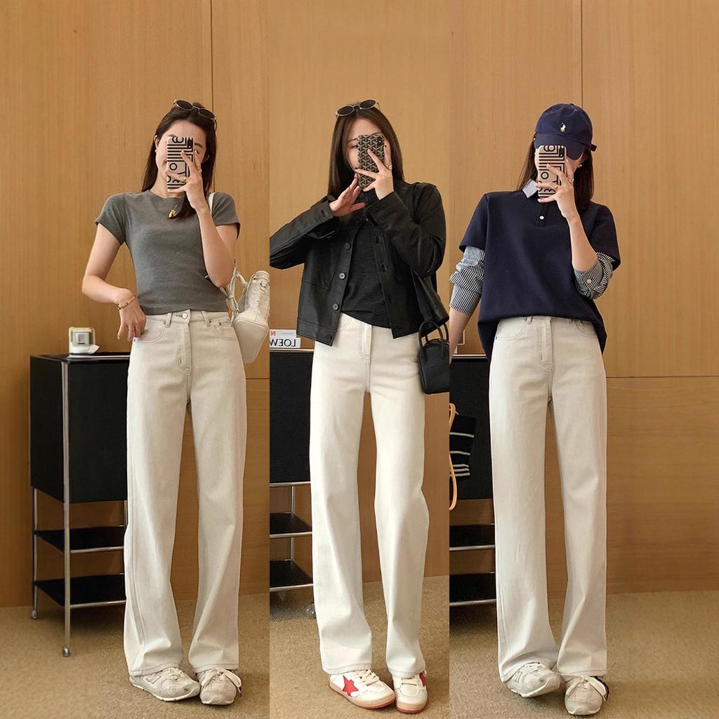 Women's High Rise Wide Leg Jeans Loose Fit Korean Casual Stretch Straight Leg Denim Pants Spring Daily Trousers Two Length Version