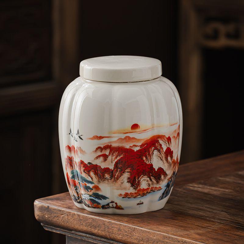 Creative Ink Landscape Pattern Ceramic Tea Caddy with Lid Sealed Moisture-proof Storage Jar Countertop Crafts Decoration Jar
