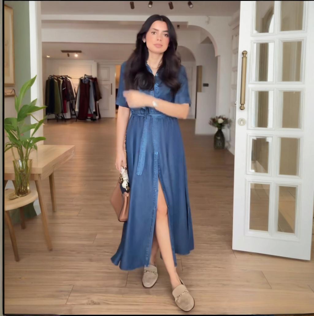 

2025 Summer V-neck Button Slit Women s Belted Slim Fit Short Sleeve Dress XXL