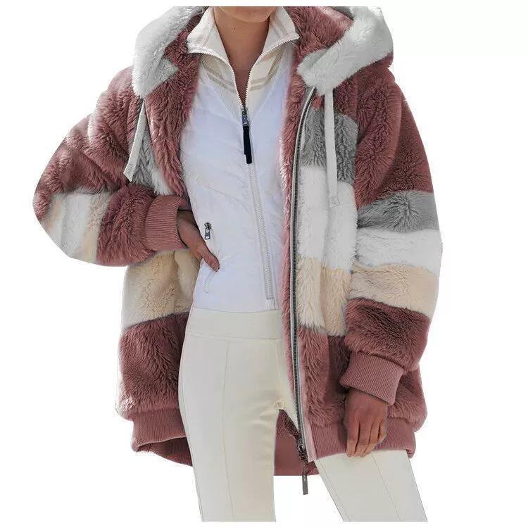 Autumn and Winter Warm Plush Patchwork Zipper Pocket Hooded Jacket for Women