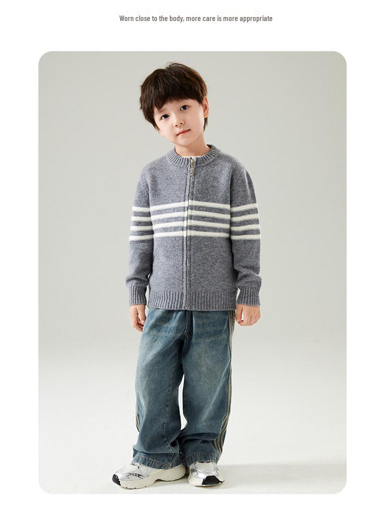 Kids' Wool Zip Cardigan: High-Collar Knit Sweater for Boys & Girls - Korean Casual Cashmere Trend.