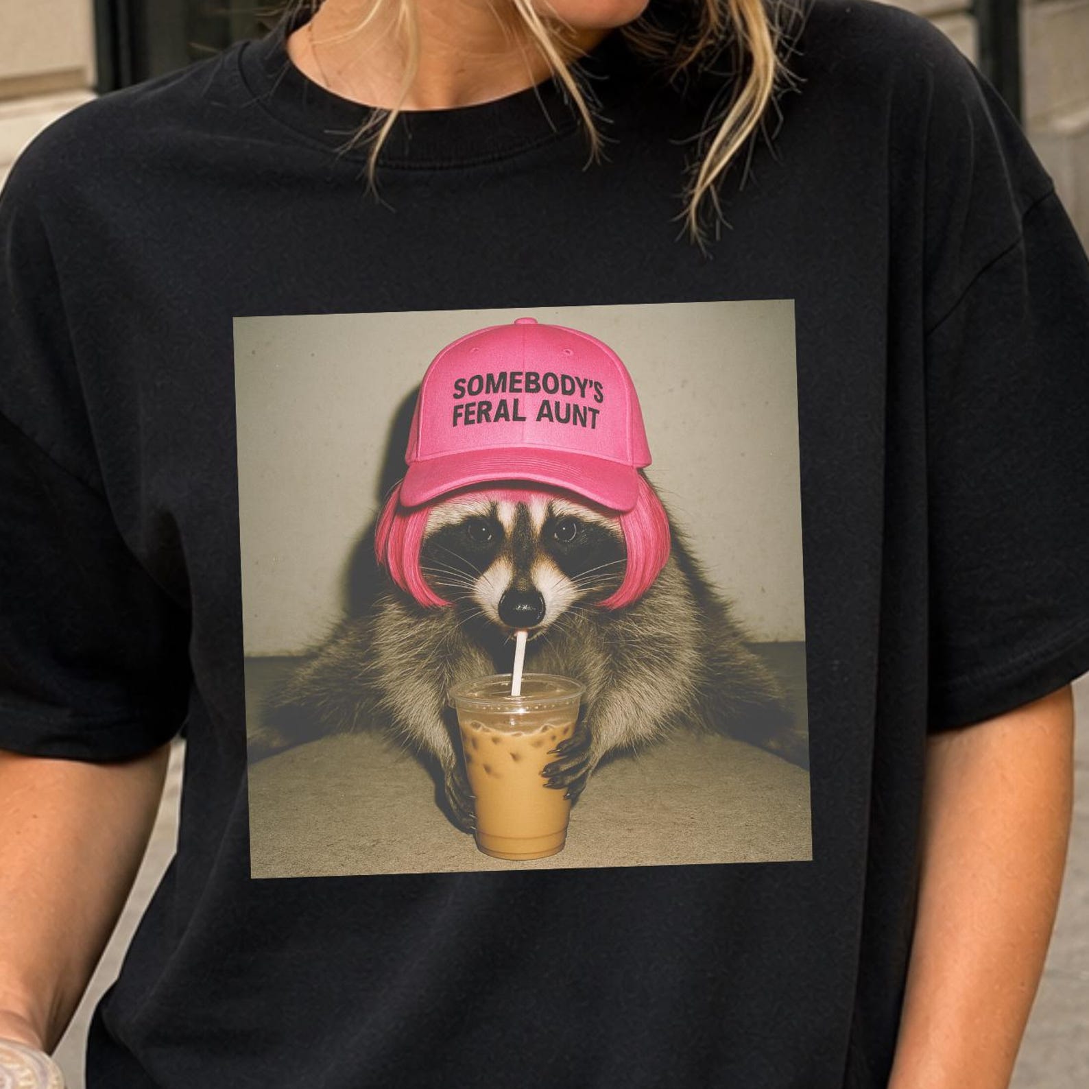 Stylish somebody s Feral Aunt Shirt, Funny Aunt Gift Shirt, Raccoon Aunt Tee, Cool Aunt Graphic Tee, Pink Hat Raccoon Shirt, Funny Family. M
