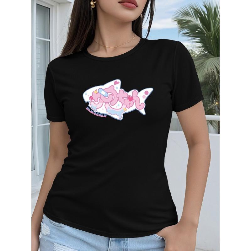 

Women s Pink Shark & 2D Geometric Print Crew Neck T-Shirt Cute Cartoon Casual Vintage Tee S чёрный