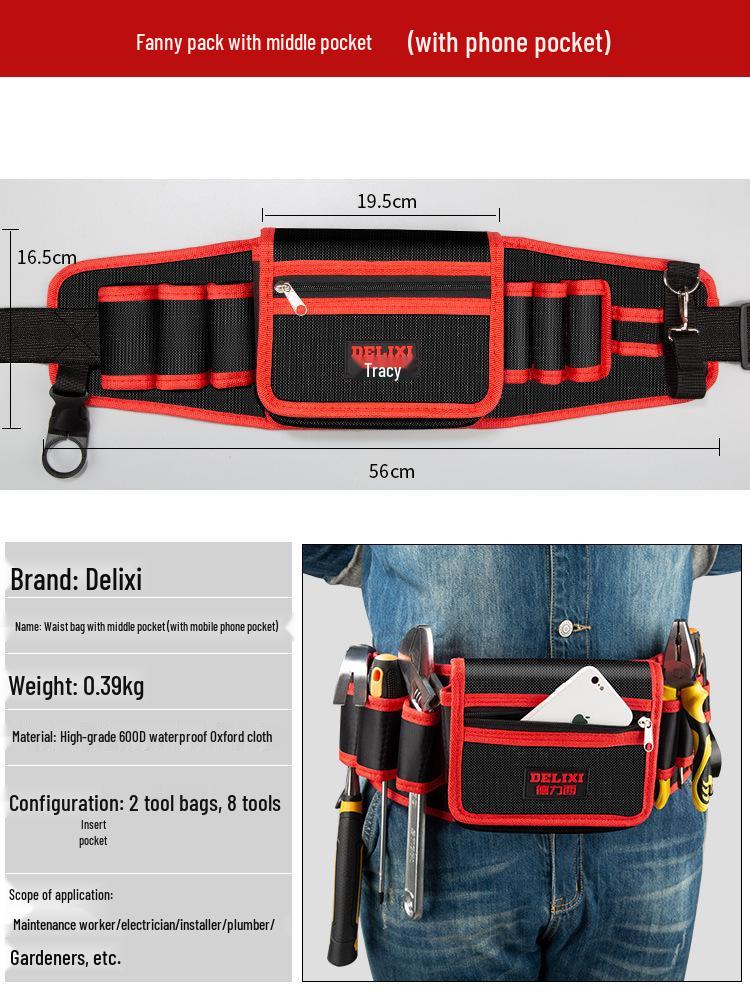 Delixi Durable Multifunctional Tool Waist Bag for Men - Sturdy, Portable Hardware Storage Solution