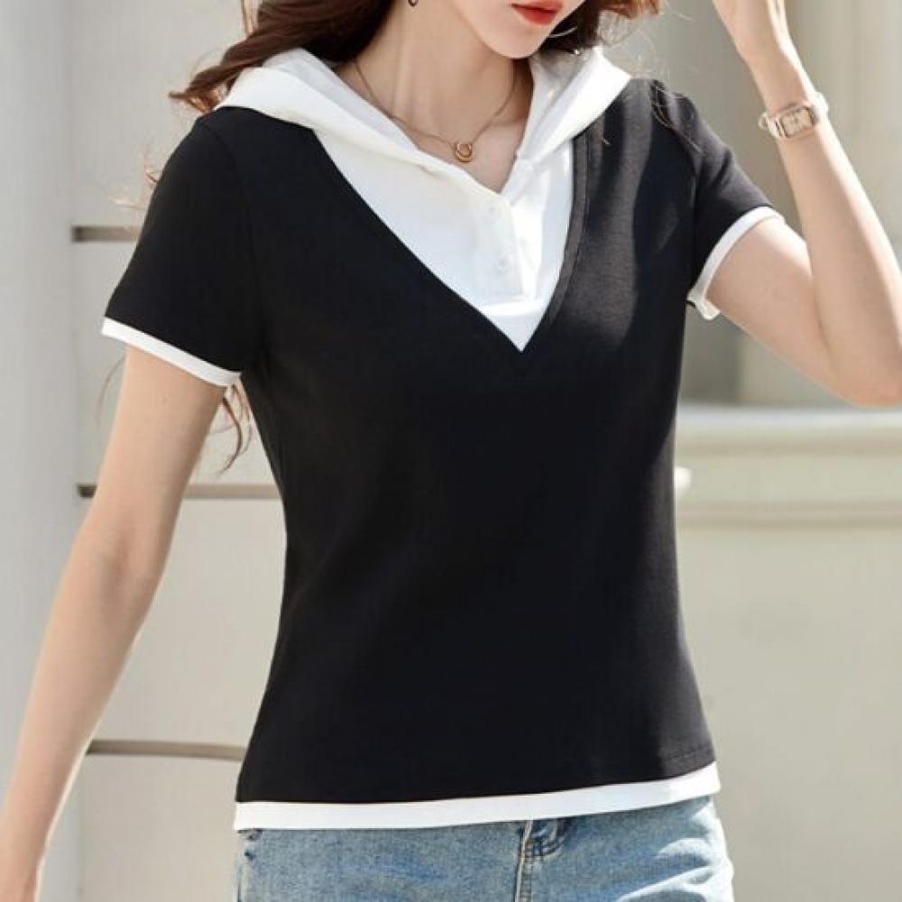 Navava Women S caSual Color Blocked Hooded ShorT Sleeve T ShirT nT3336