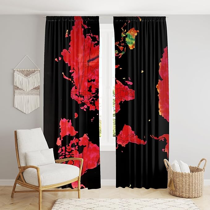 

Bless International Beautiful Indian Bohemian Psychedelic Hippie Tie Dye Window Curtain Panels for Bedroom, Living, Balcony (Red World Map) 83 L x 38 W