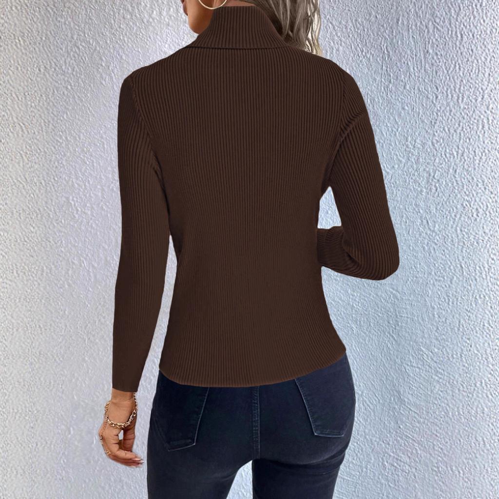 Dámský módní a ležérní pletený top s vysokým krkem a dlouhým rukávem v jednobarevné variantě