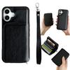 For iPhone 16 Case Detachable Zipper Card Bag PU+TPU Kickstand Phone Case with Strap