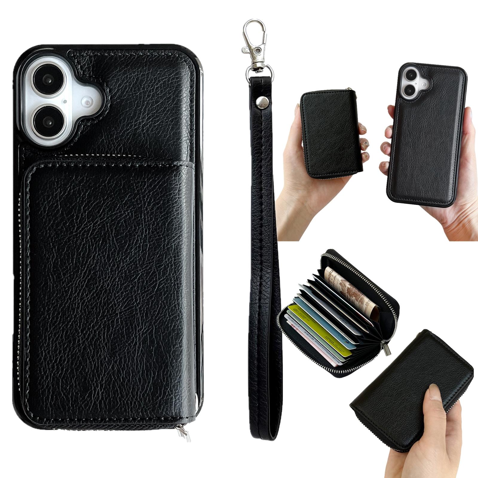 

For iPhone 16 Plus Case Detachable Zipper Card Bag PU+TPU Kickstand Phone Case with Strap Black