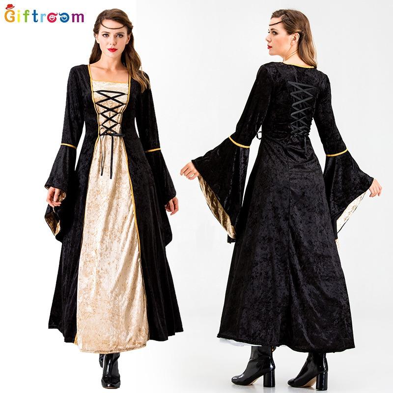 Vintage Halloween Christmas Court Costume Adult Female Golden Velvet Dress Gorgeous Noble Strap Dress Dress