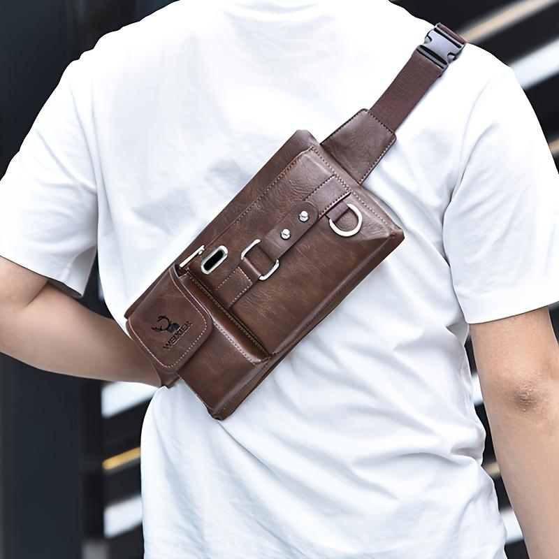 WEIXIER Sac à bandoulière pour hommes, sac diagonal d'extérieur, sac de poitrine pour téléphone portable, sac de hanche multifonctionnel, sac de poitrine en cuir PU
