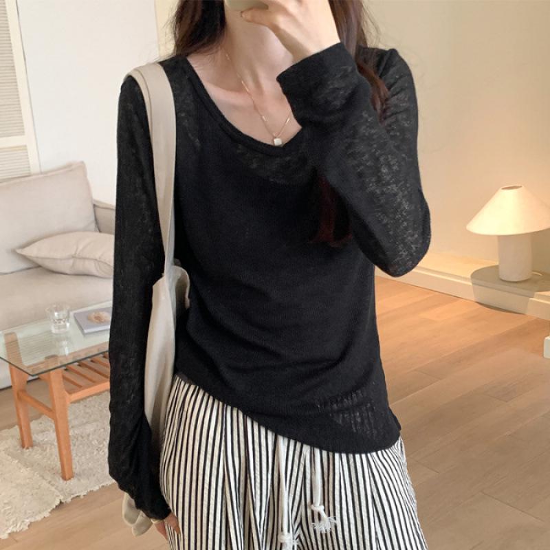 

Chic V-Neck Sheer Sun Protection Cardigan – Sweet & Spicy Long-Sleeve Women s Top for Spring & Autumn Medium чёрный