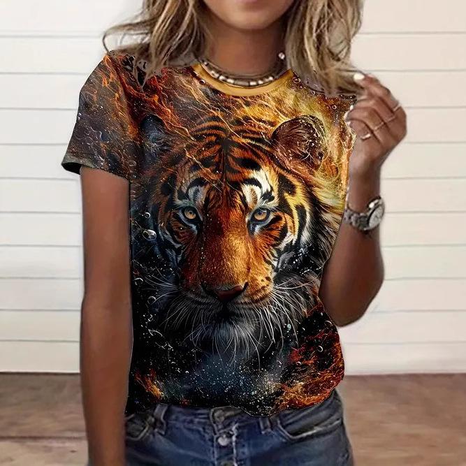 Summer Round Neck 3D Animal Print Top Fashionable Casual Short Sleeved Women's T-shirts