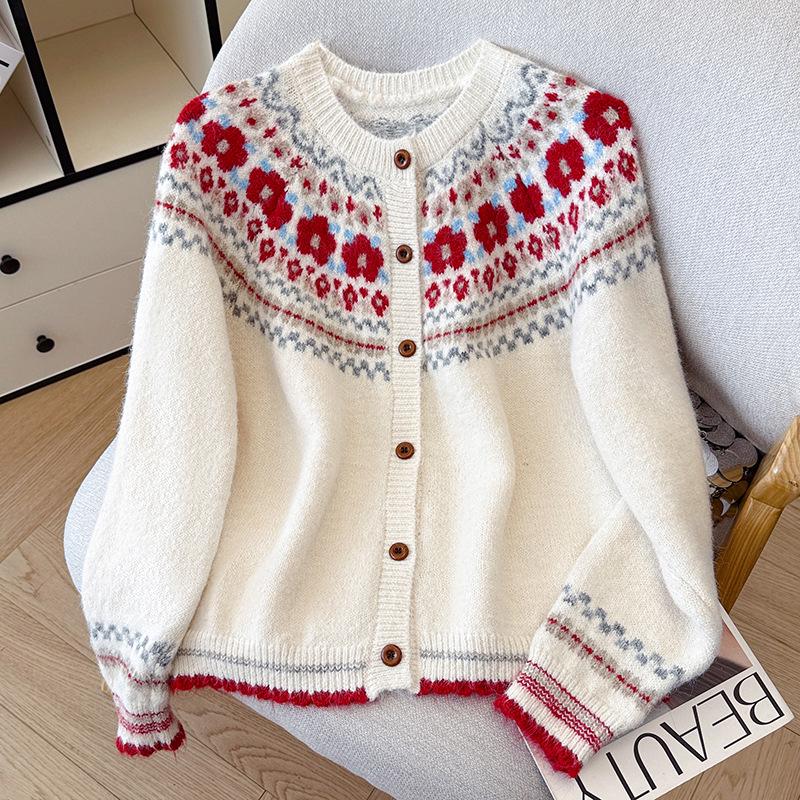 Women's Fair Isle Floral Jacquard Sweater - Soft, Fluffy Knitwear Cardigan Pullover for 2026 Autumn/Winter Collection.