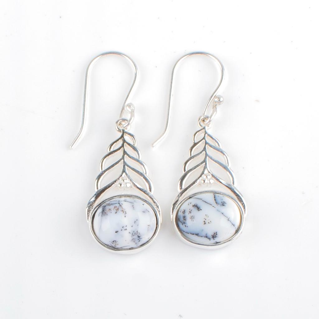Opale Dendritique Pierre Précieuse Bijoux Argent Sterling 925 Boucles d'Oreilles Déclaration 1.64" CE-1-22