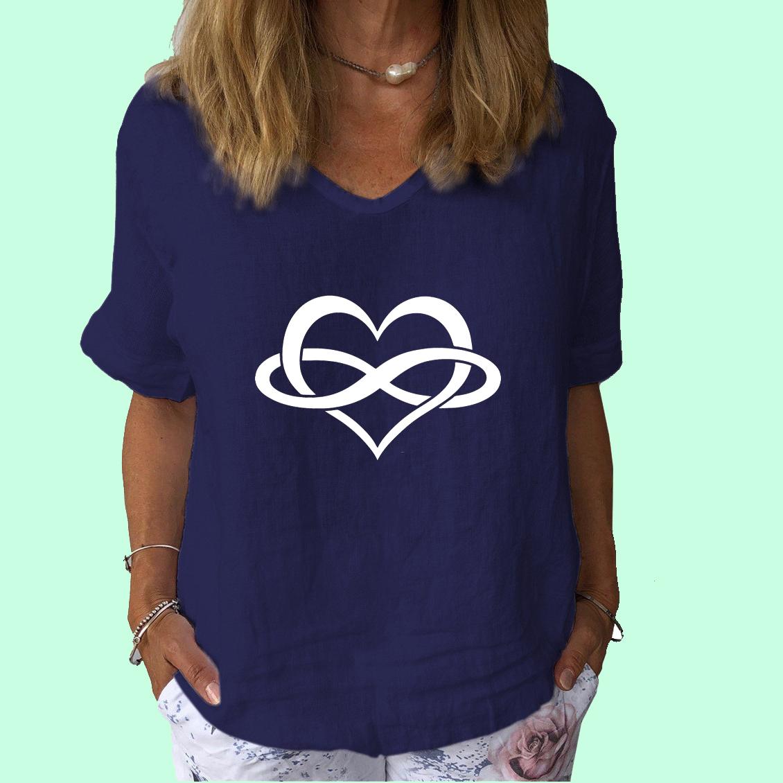 

Женская мода V-образный вырез короткий рукав топ летняя повседневная хлопковая льняная рубашка женская футболка с принтом M темно-синий