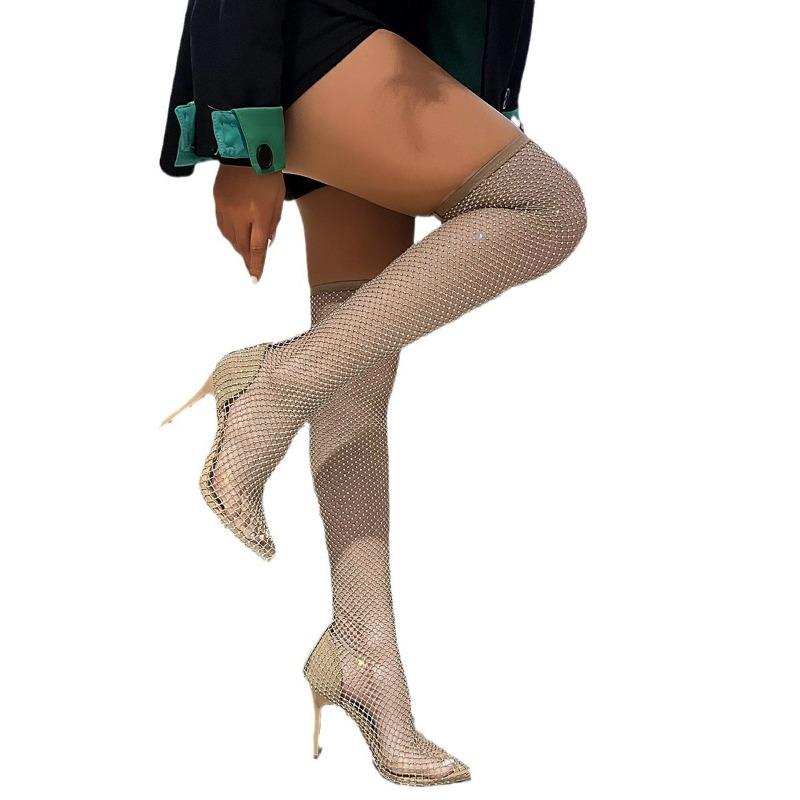 Summer New Pointed Thin Heel Knitted Fashion Socks Boots Women's High Heel Knee Boots Rhinestone Thin Cool Boots