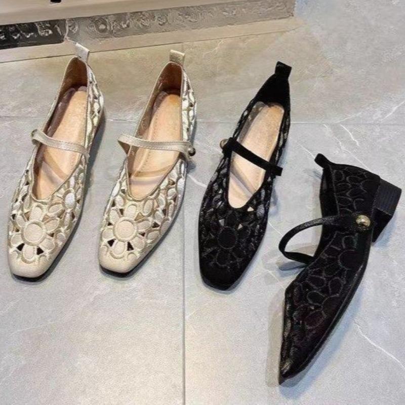 Fashion Summer New Square Head Shallow Mouth Fabric Hollow Breathable Metal Buckle Soft Sole Non-slip Low-top Shoes in The Heel Shoes