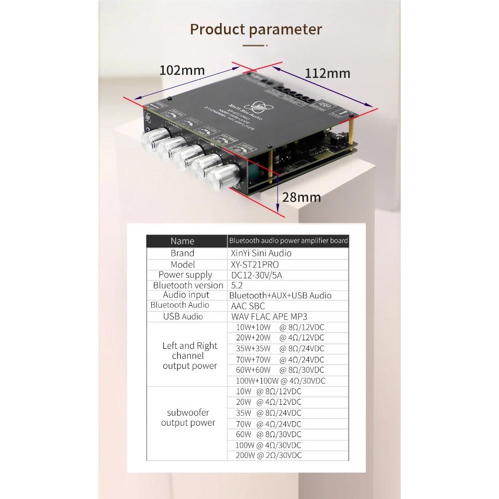 TPA3221 Bluetooth Power Amplifier Board 2*100W+200W 2.1 Ch Class D USB Sound Card Subwoofer Theater Audio Stereo Equalizer Amp