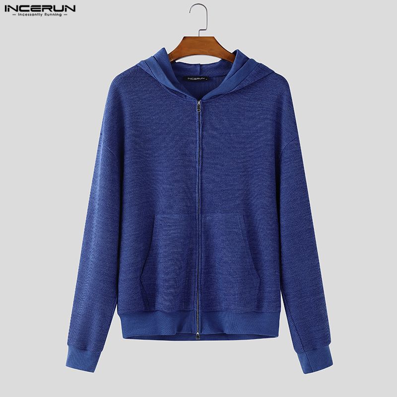 INCERUN Men Long Sleeve Zip-up Casual Hooded Rib Knitted Pullovers Sweatshirts