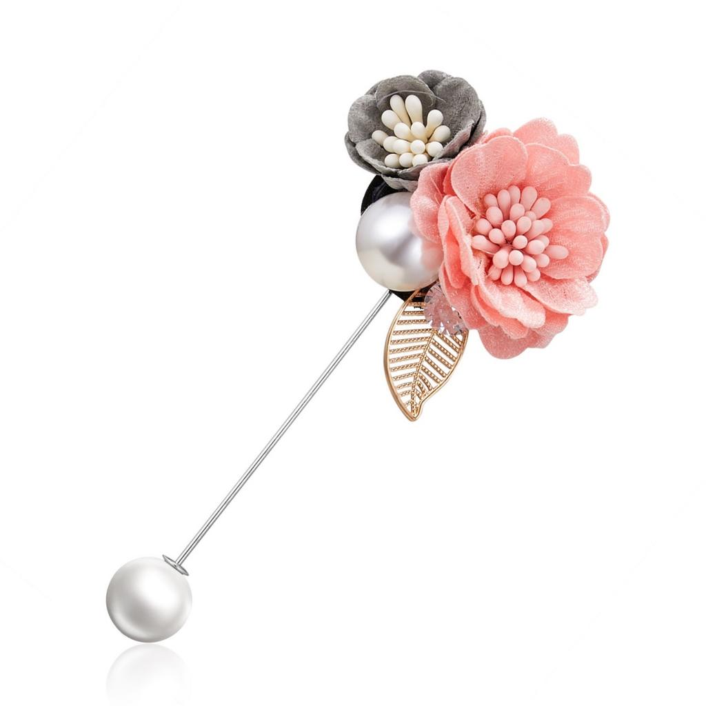 Cloth Art Fabric Double Blooming Flower Brooch For Women Men Dainty Imitation Pearl Leaf Floral Long Needle Pins Wedding Jewelry