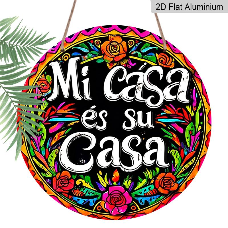 2D Flach, 1 Stück Vintage Metallwandkunstschild „Mi Casa Es Su Casa“, Bunte florale runde Aluminium-Dekoration für Bauernhaus, Café, Strandhaus, Hinterhof, Boho