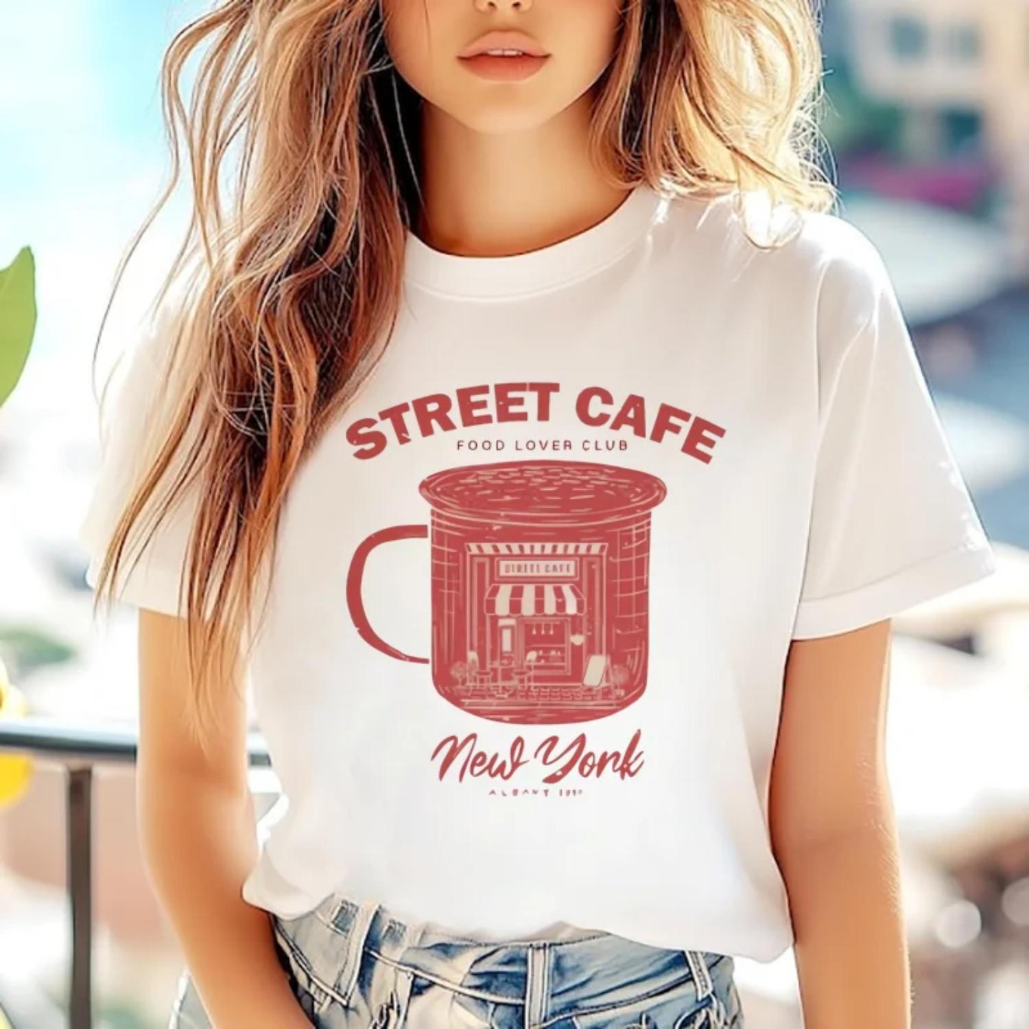

Street Coffee Pattern Printed Trendy Casual Short Sleeved 90s Women s T-Shirt Fun Regular Cute Retro Summer Top New T-Shirt XXXXXL білий
